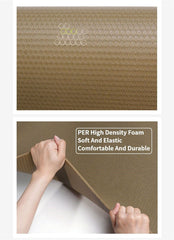 Close-up of the Swan & Field Glider All-Purpose Yoga Mat highlighting its eco-friendly PER high-density foam, flexible construction, and textured non-slip surface.
