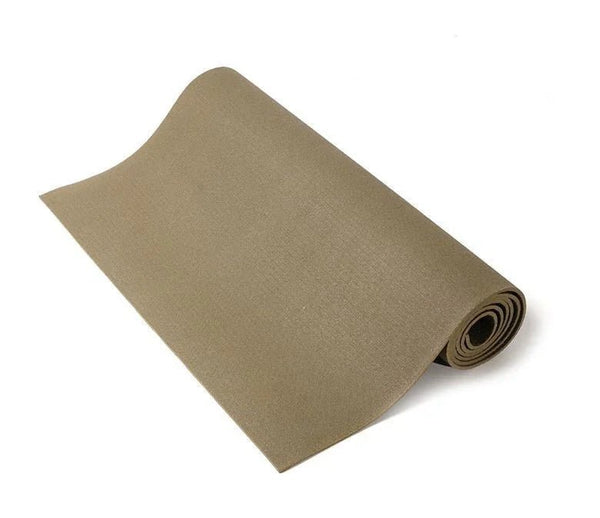 Swan & Field The Glider natural rubber yoga mat in beige, partially unrolled.